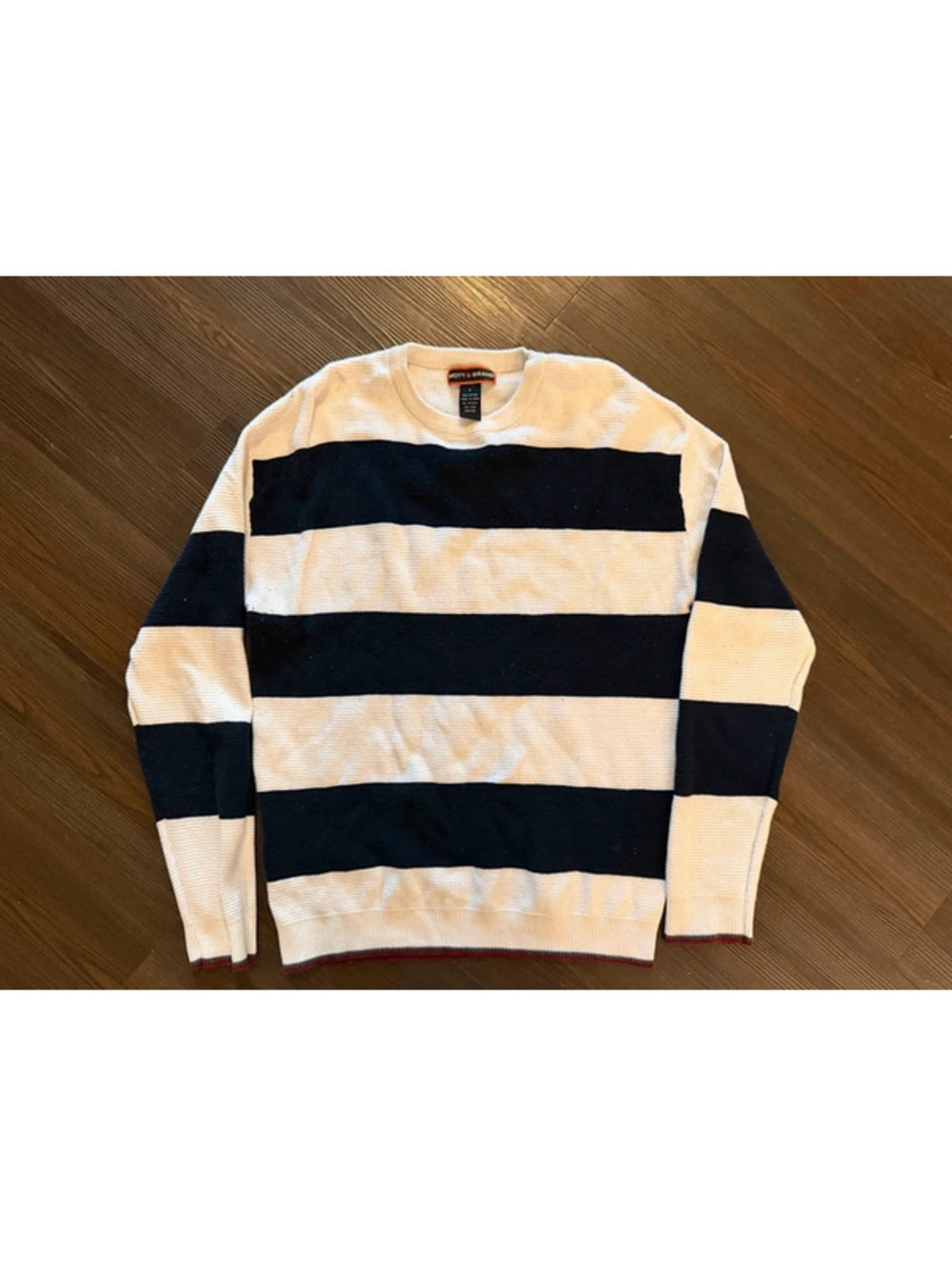 Mott & Grand Mens Striped Crewneck Sweater Navy White 100% Cotton Ribbed Knit L